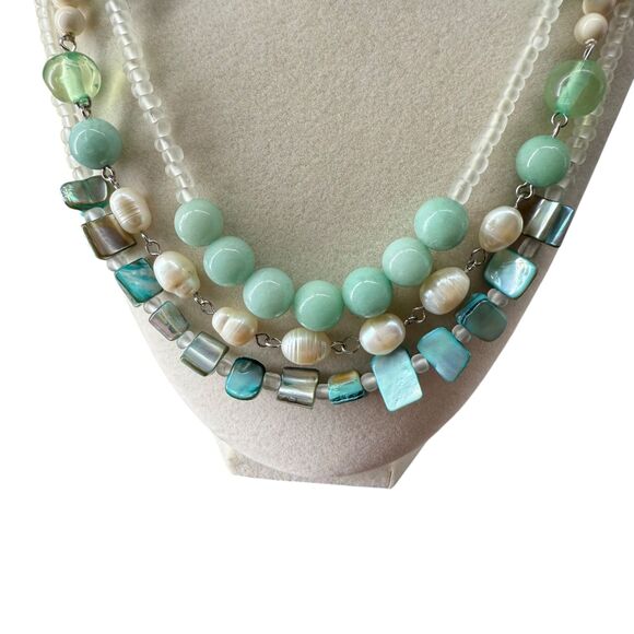 J. Jill Multi-Strand Necklace Aqua Ivory Layered Beaded Glass Pearl Ocean Sea - Picture 5 of 13